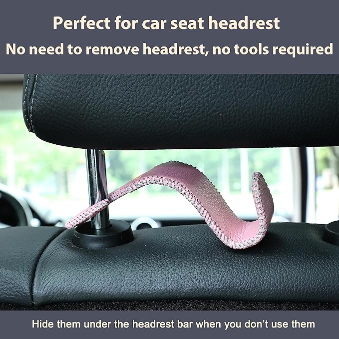 Amooca Car Seat Headrest Hook Universal Vehicle Storage Hanger Leather with Metal Car Seat Back Organizer for Handbag Purse Coat Pink 2 Pack