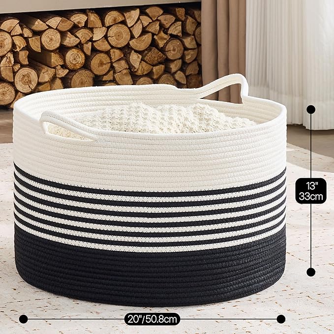 KAKAMAY Cotton Rope Storage Basket (20"x13"),Woven Hamper for Blankets,Toys,Pillows,Clothes,Laundry,Sturdy Handles Decorative Basket for Living Room, Bedroom,Nursery(Black/Black Fringe)