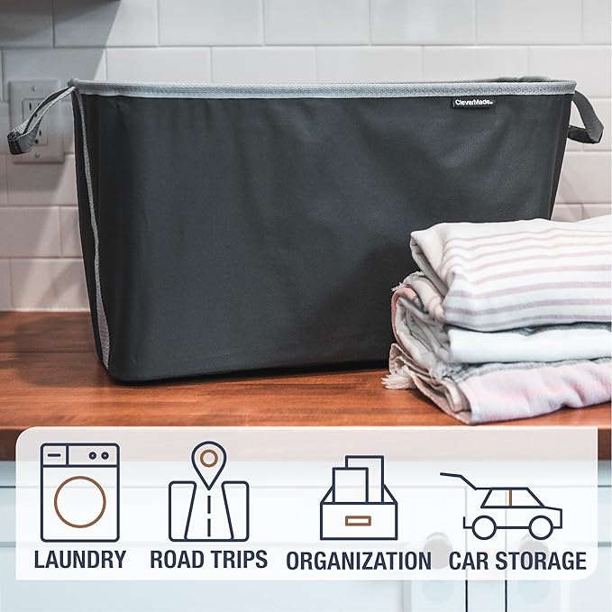 CleverMade Collapsible Fabric Laundry Basket - Charcoal 2 Pack 60L / 16 Gal - Space Saving Storage Organizer with Premium Handles Foldable Home