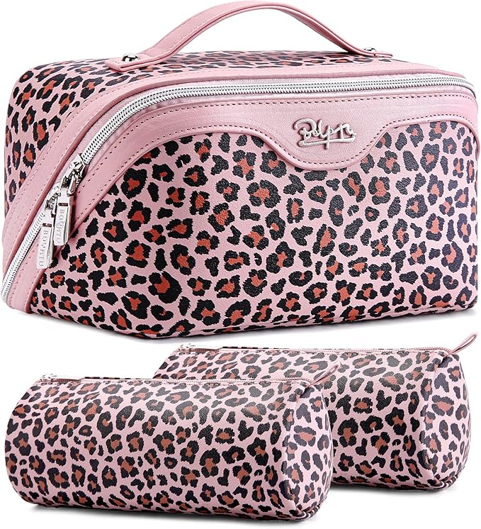 Travel Makeup Bags Organizer for Women: 3 Pcs Set Cosmetic Bag - Large Make up Bag with Compartments - Flat Open Waterproof Leather Toiletry Bags for Skincare, Brushes & Travel Essentials - Pink