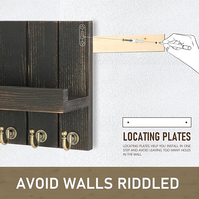 Rebee Vision Pine Wood Key Holder Wall Mount with Floating Shelf – Farmhouse Key Holder for Wall to Maximize Storage Solutions – Mail Organizer for Office Decor (3.54" x 10" x 7.28", Distressed Black)