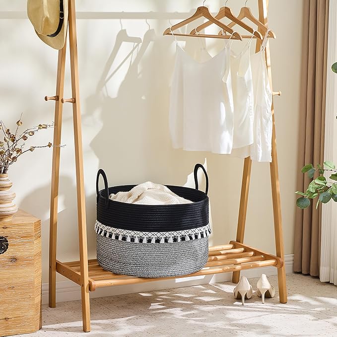 KAKAMAY Cotton Rope Storage Basket (20"x13"),Woven Hamper for Blankets,Toys,Pillows,Clothes,Laundry,Sturdy Handles Decorative Basket for Living Room, Bedroom,Nursery(Black Printing)