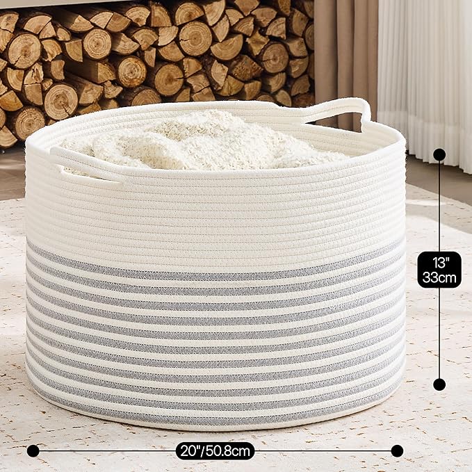 KAKAMAY Cotton Rope Storage Basket (20"x13"),Woven Hamper for Blankets,Toys,Pillows,Clothes,Laundry,Sturdy Handles Decorative Basket for Living Room, Bedroom,Nursery(Grey/Beige)