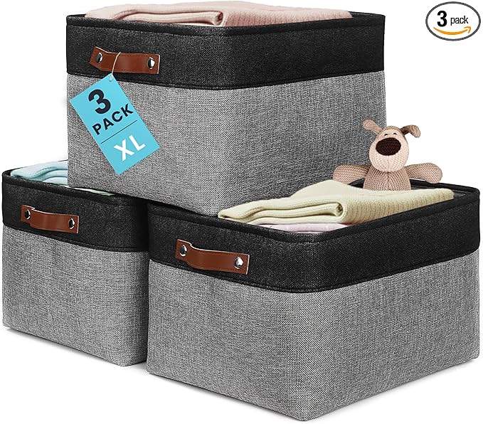 OrganiHaus Extra Large Fabric Storage Baskets for Shelves 3 Pack, 16x13in Closet Storage Bins, Canvas Baskets for Organizing, Linen Closet Organizers, Cloth Basket, Gray/Black