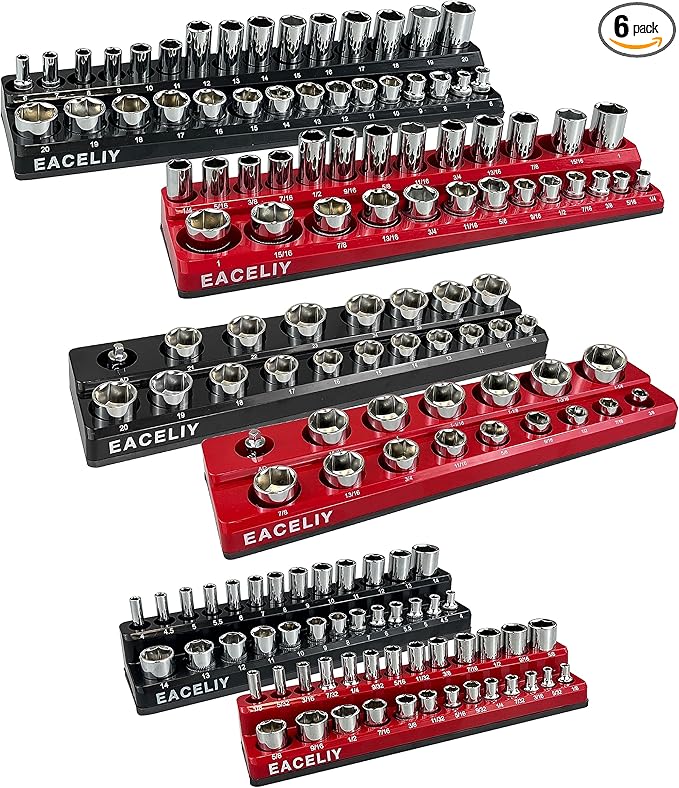 EACELIY 6-Piece Magnetic Socket Organizer Set, 1/2", 1/4" and 3/8" SAE & Metric Deep & Shallow Socket Holder Kit, holds 141 stanard Sockets, attaches to steel box/tool cart (sockets not included)