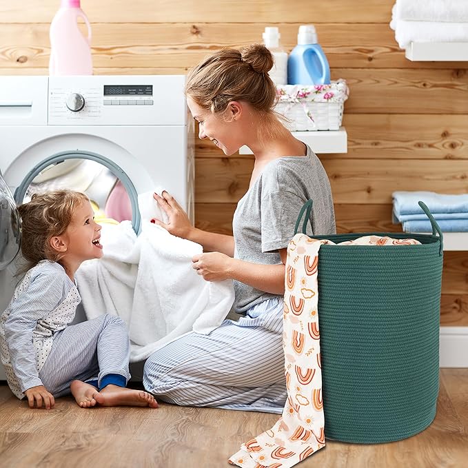XUANGUO Cotton Rope Laundry Basket Hamper for Clothes Woven Storage Basket for Living Room Bedroom Boho Tall Rope Baskets for Blanket Toys Pillow Towels Baby Nursery Hamper Bin Large dark green
