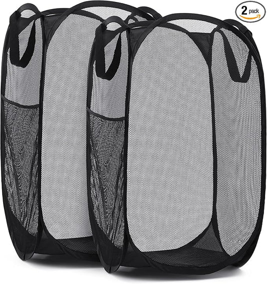Handy Laundry Collapsible Mesh Pop Up Hamper with Wide Opening and Side Pocket - Breathable, Sturdy, Foldable, and Space-Saving Design for Clothes and Storage (Black | 2-Pack)
