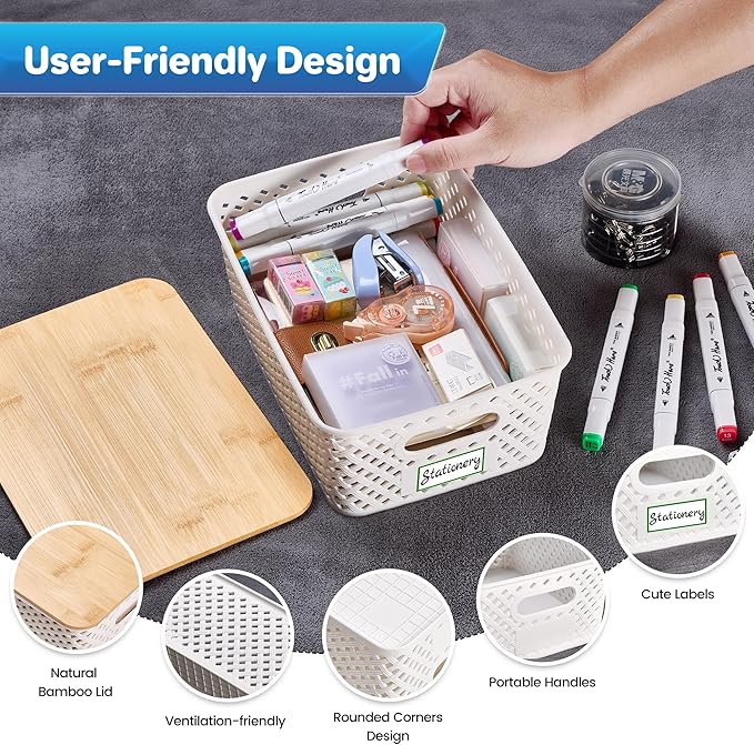 Anysig 8 Packs Plastic Storage Bins with Bamboo Lids - Stackable Storage Bins Decorative Small Basket Containers for Organizing Shelves Office Classroom Desktop Closet, Cream White
