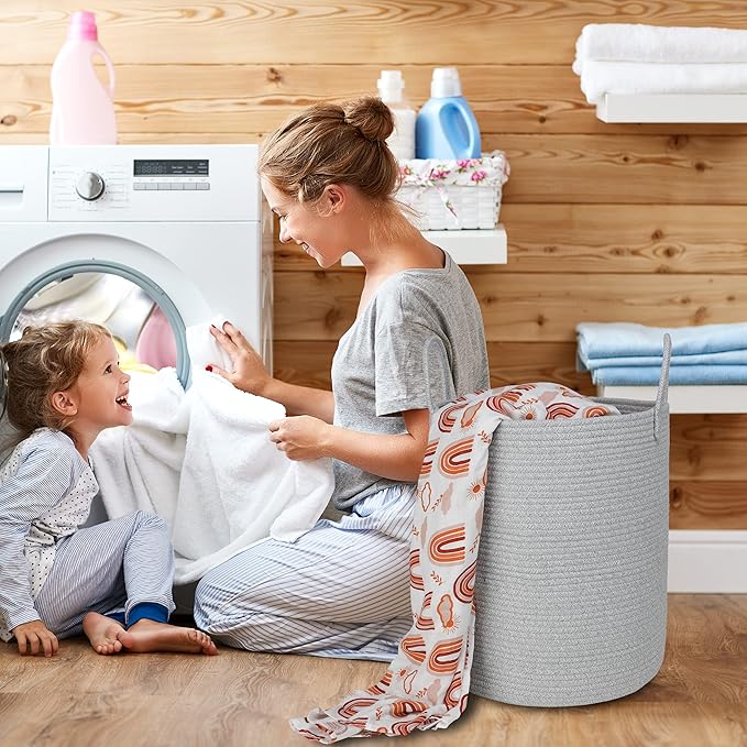 XUANGUO Cotton Rope Laundry Basket Hamper for Clothes Woven Storage Basket for Living Room Bedroom Boho Tall Rope Baskets for Blanket Toys Pillow Towels Baby Nursery Hamper Bin Large light grey