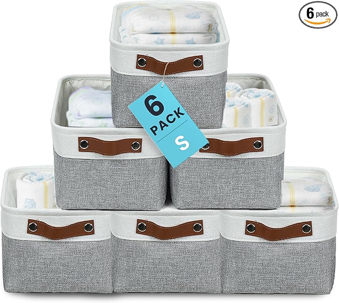 OrganiHaus Small Fabric Storage Baskets 6 Pack, 12x8in Cloth Storage Bins for Shelves, Small Baskets for Organizing Bathroom Pantry Closet, Canvas Shelf Baskets, Gray/Off-White