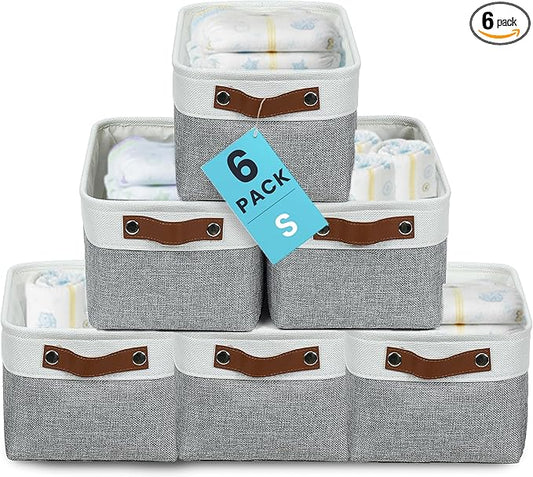 OrganiHaus Small Fabric Storage Baskets 6 Pack, 12x8in Cloth Storage Bins for Shelves, Small Baskets for Organizing Bathroom Pantry Closet, Canvas Shelf Baskets, Gray/Off-White