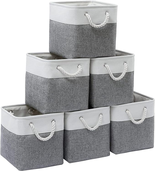 11 x 11 Inch Cube Storage Bins, 6 Pack Large Collapsible Fabric Storage Bin with Ropes, Foldable Storage Cubes for Home, Office,Closet, Clothes, Toys Organizer (White & Grey-11"x11"x11")