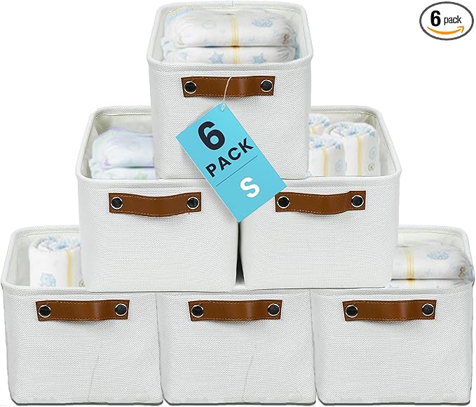 OrganiHaus Small Fabric Storage Baskets 6 Pack, 12x8in Cloth Storage Bins for Shelves, Small Baskets for Organizing Bathroom Pantry Closet, Canvas Shelf Baskets, Off-White
