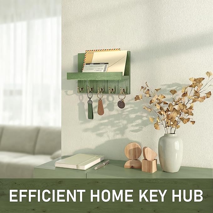 Rebee Vision Pine Wood Key Holder Wall Mount with Floating Shelf – Farmhouse Key Holder for Wall with Hooks – Hat Organizer for Room Decor and Entryway Organization (Green,3.54" x 10" x 7.28")