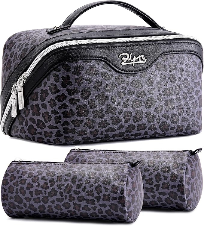 Travel Makeup Bags Organizer for Women: 3 Pcs Set Cosmetic Bag - Large Make up Bag with Compartments - Flat Open Waterproof Leather Toiletry Bags for Skincare, Brushes & Travel Essentials - Purple