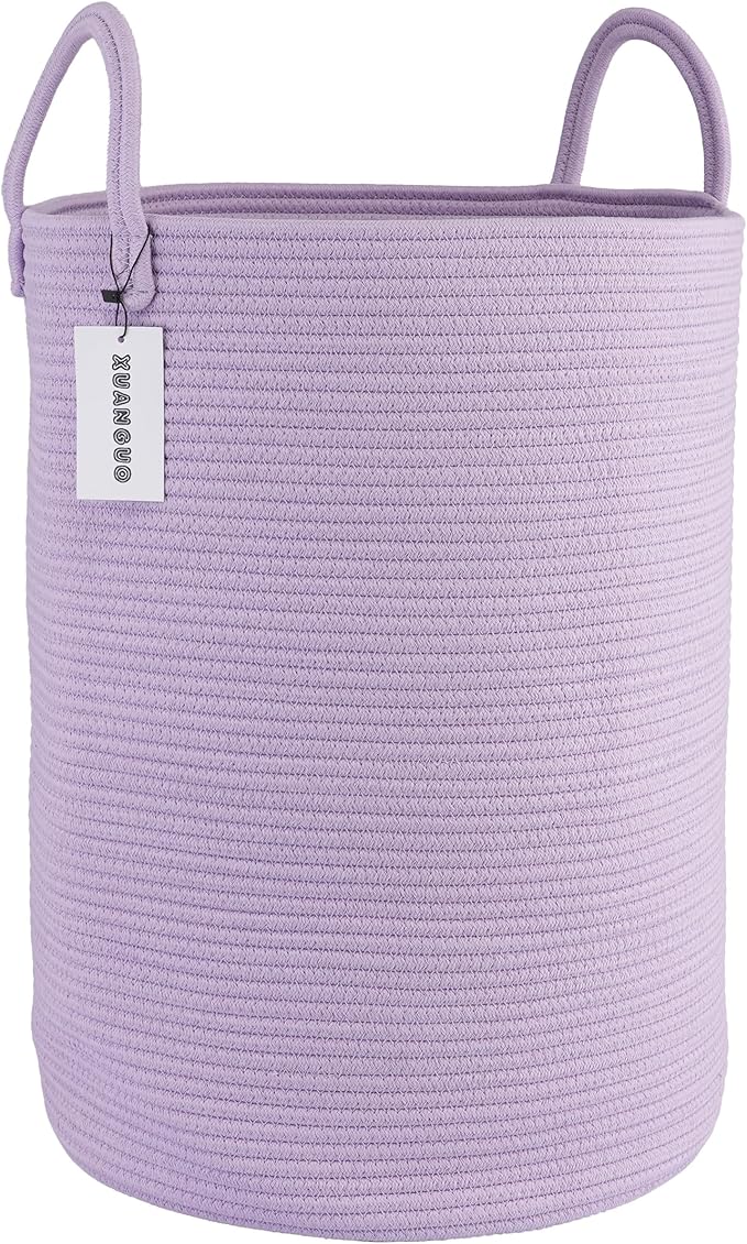 XUANGUO Cotton Rope Laundry Basket Hamper for Clothes Woven Storage Basket for Living Room Bedroom Boho Tall Rope Baskets for Blanket Toys Pillow Towels Baby Nursery Hamper Bin Large purple
