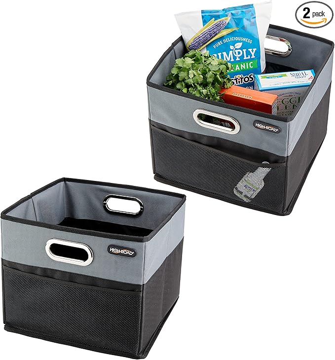 High Road CargoCube Car Storage Bin - Leakproof Car Trunk Storage Organizer with Metal Handles and Front Mesh Pocket (Square)