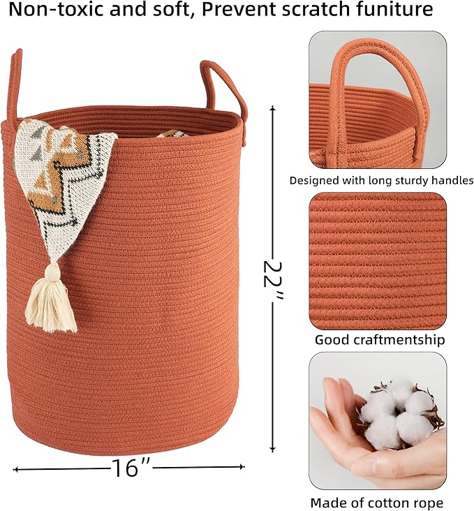 XUANGUO Cotton Rope Laundry Basket Hamper for Clothes Woven Storage Basket for Living Room Bedroom Boho Tall Rope Baskets for Blanket Toys Pillow Towels Baby Nursery Hamper Bin Large rustic