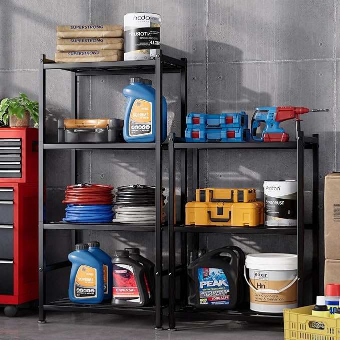 Small Storage Shelves, 4-Tier Metal Shelving Unit with Adjustable Feet, Compact Shelf Organizer for Garage, Kitchen, Pantry and Closet Organization, 17.7" x 11.8" x 43.3" ，Black