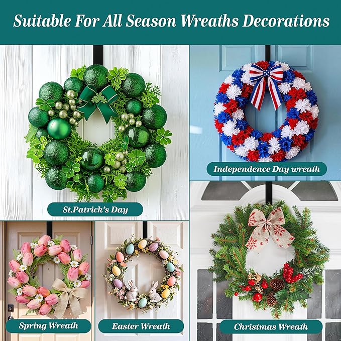 HOOSUN Wreath Hangers for Front Door,St Patricks Day Decorations,14" Easter Wreath Hook Holder,Over The Door Hooks Hanger,Metal Garland Hangers Hook for Patriotic Spring Wreath Porch Decor (4 Pack)