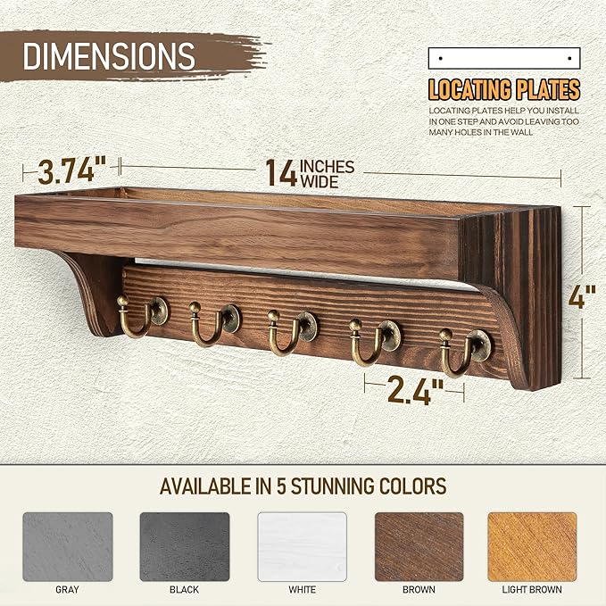 Rebee Vision Pine Wood Key Holder Wall Mount - Multifunctional Key Holder for Wall with Hooks and Shelf for Mail, and Hats - Perfect for Home and Office Organization (Vintage Brown)