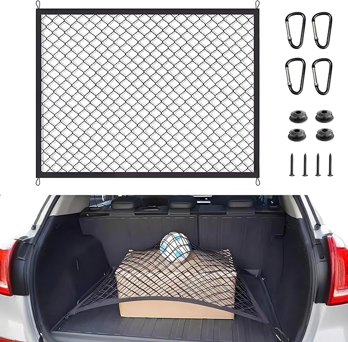 BAILALIBO Cargo Net Stretchable, Adjustable Elastic Trunk Mesh Nets with Metal Hook Universal for SUV, Trucks, Car Exterior Accessories for Secure Storage (32x24 inch)