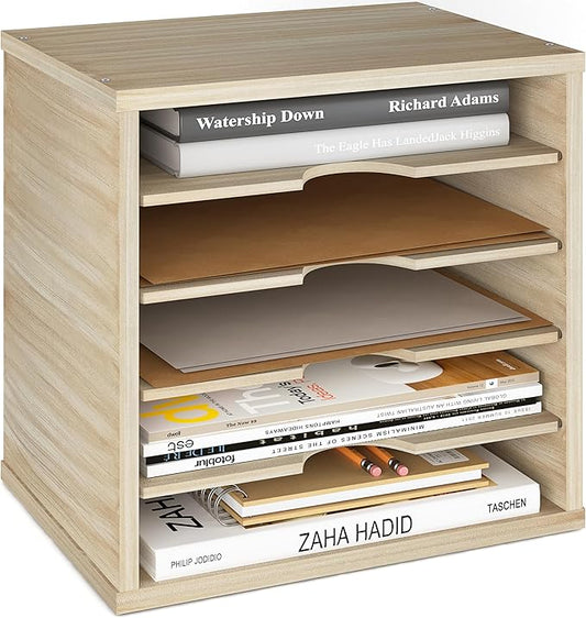 Ballucci 5-Tier File Organizer for Desk, Mail Sorter, Office Desk Organization, Paper Storage Organizers, Folder holder for desk, Letter Trays & Stacking Supports, Brushed Wood