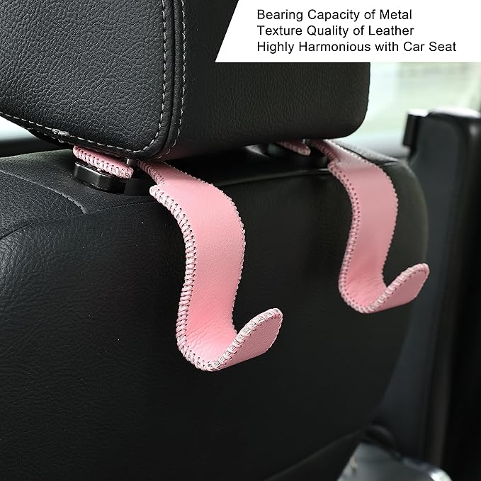 Amooca Car Seat Headrest Hook Universal Vehicle Storage Hanger Leather with Metal Car Seat Back Organizer for Handbag Purse Coat Pink 4 Pack