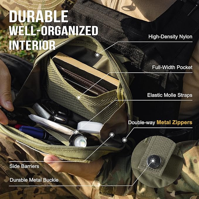 OneTigris MOLLE Pouch, Tactical Admin Pouch Belt EDC Tool Organizer Zippered Utility Waist Pack 7.5"x5"x2"