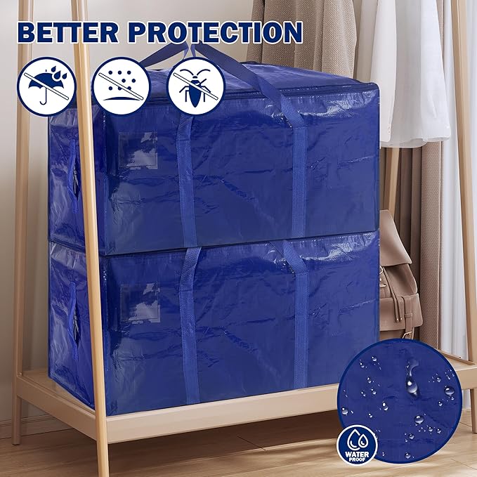 12 Pack Extra Heavy Duty Large Moving Bags with Strong Zipper & Carrying Handles, Sturdy Clothes Storage Bag Totes Bins, Packing Bags Moving Boxes College Moving Supplies, Dark Blue - 33 gal