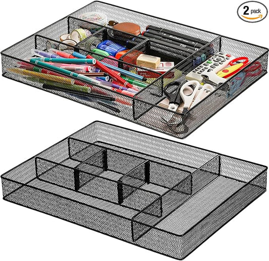 Hiceeden 2 Pack Mesh Desk Drawer Organizer, 16.1"x12.2"x2" Large Desk Organizer Tray with 2 Removable Dividers, 6 Compartment Metal Organizers for Home, Office, Makeup & Vanity