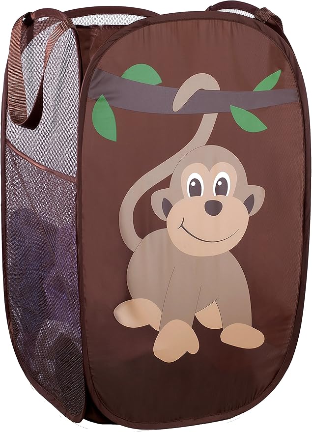 Handy Laundry Collapsible Mesh Pop Up Laundry Hamper with Side Pocket – Breathable, Space-Saving, Foldable Basket for Clothes, Toys, Travel & Storage, 14 x 13 x 24 in, Monkey