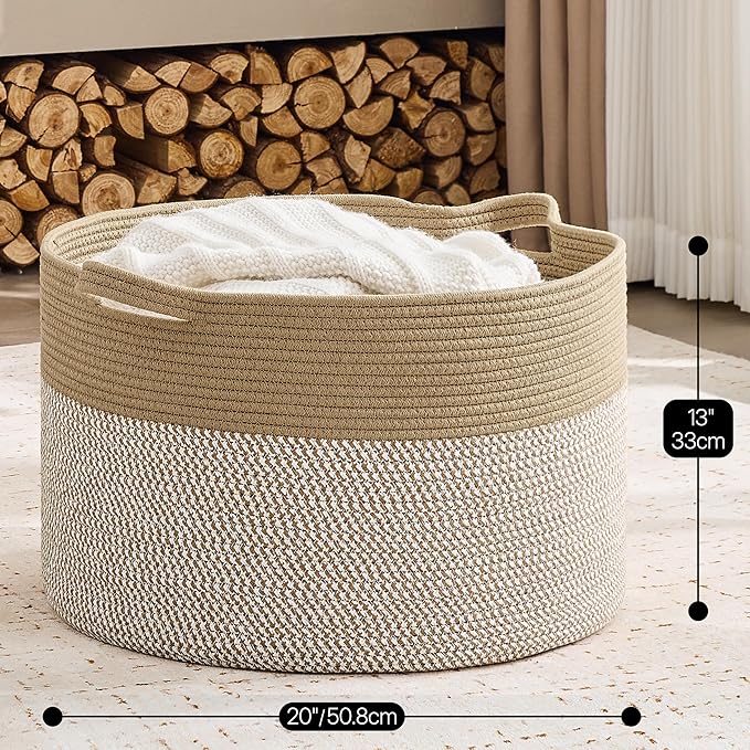 KAKAMAY Cotton Rope Storage Basket (20"x13"),Woven Hamper for Blankets,Toys,Pillows,Clothes,Laundry,Sturdy Handles Decorative Basket for Living Room, Bedroom,Nursery(Brown/White)