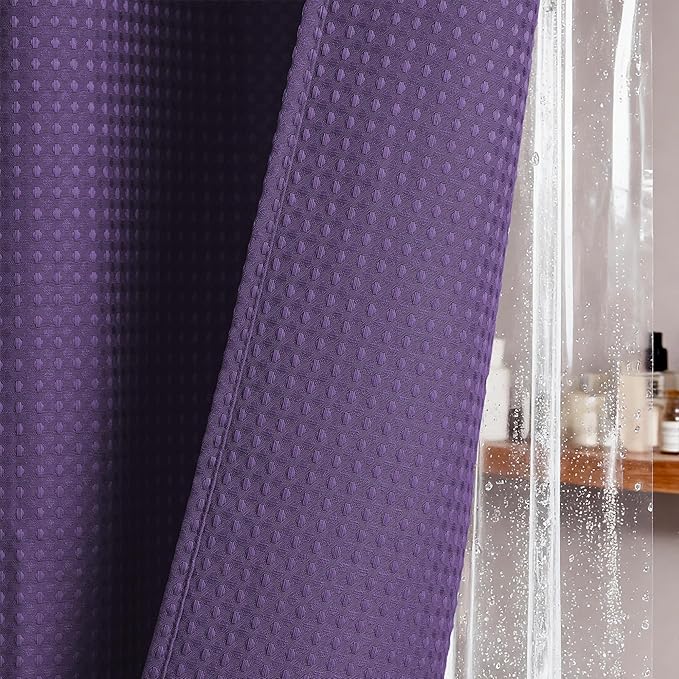 Dynamene Extra Long Shower Curtain and Liner Set - 84 inch Tall Waffle Fabric, Waterproof Clear Liner, Heavy Duty Weighted Hotel Luxury Cloth Shower Curtains for Bathroom with 12 Hooks, 72x84, Purple