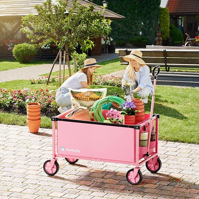 29.3" Collapsible Wagon Cart, 150L Heavy Duty Folding Utility Wagon with Wheels, 260 lbs Load, Portable Rolling Cart for Garden, Shopping, Sports, Camping, Pink