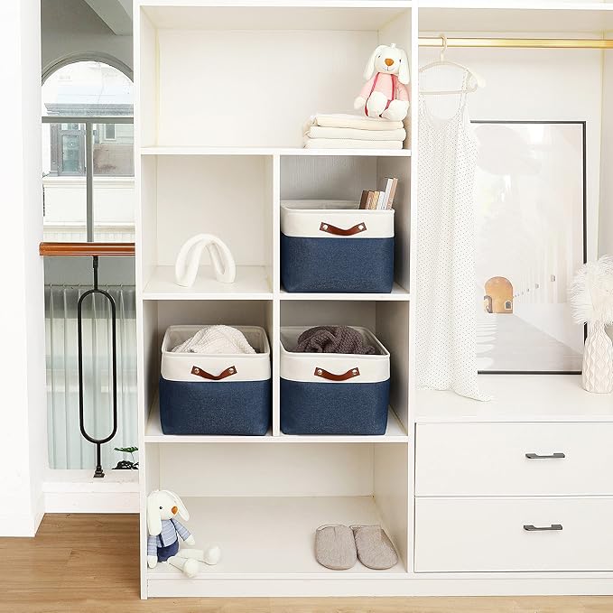 OrganiHaus Extra Large Fabric Storage Baskets for Shelves 3 Pack, 16x13in Closet Storage Bins, Canvas Baskets for Organizing, Linen Closet Organizers, Cloth Basket, Navy Blue/Off-White