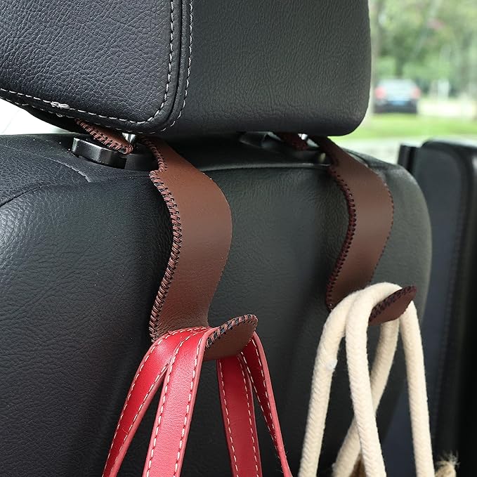 Amooca Car Seat Headrest Hook 4 Pack Metal Core Hanger Universal Car Storage Organizer for Handbag Purse Coat S Type Leather Brown