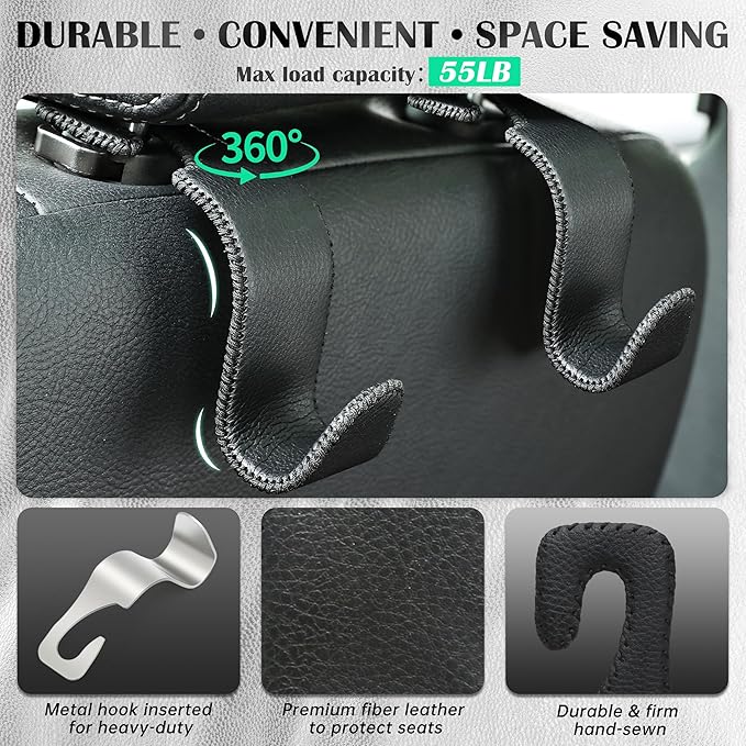 Amooca Car Seat Headrest Hook Universal Vehicle Storage Hanger Leather with Metal Car Seat Back Organizer for Handbag Purse Coat Black 4 Pack