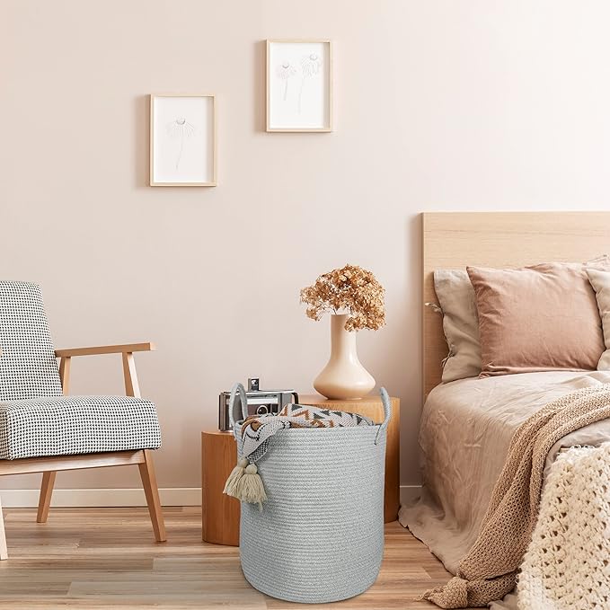 XUANGUO Cotton Rope Laundry Basket Hamper for Clothes Woven Storage Basket for Living Room Bedroom Boho Tall Rope Baskets for Blanket Toys Pillow Towels Baby Nursery Hamper Bin Large light grey