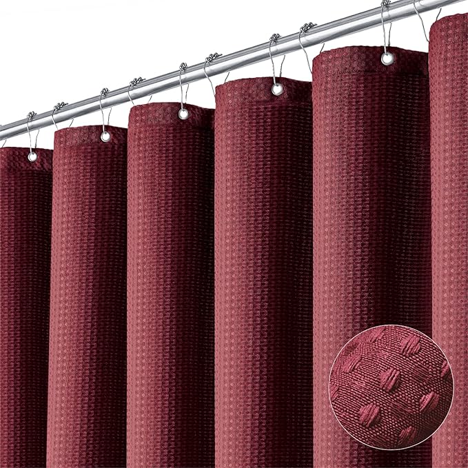 Dynamene Extra Long Shower Curtain - 84 Inch Long Burgundy Waffle Weave Heavy Duty Fabric Bathroom Shower Curtain, Neutral Weighted Hotel Thick Bath Curtain Set with 12 Plastic Hooks,72x84, Burgundy