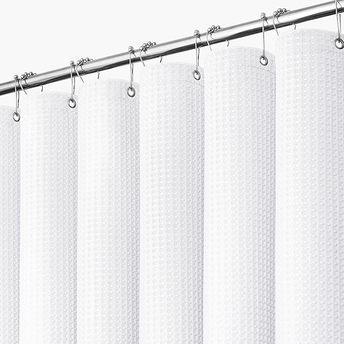 Dynamene White Fabric Shower Curtain, Waffle Weave Heavy Duty Thick Fabric Shower Curtains for Bathroom, 256GSM Weighted Hotel Luxury Cloth Shower Curtain Set with 12 Plastic Hooks, 72Wx72H, White