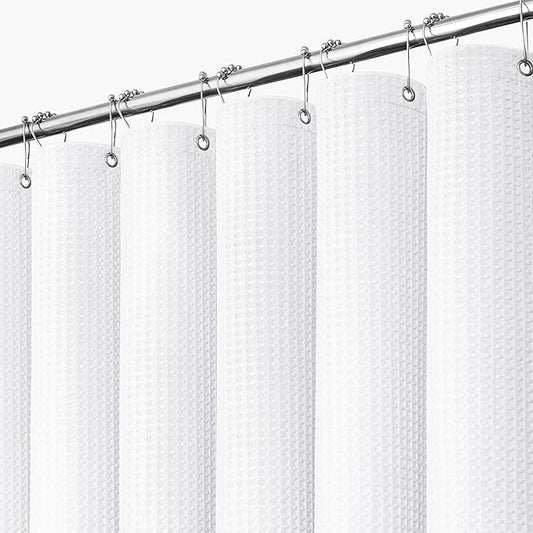 Dynamene White Fabric Shower Curtain, Waffle Weave Heavy Duty Thick Fabric Shower Curtains for Bathroom, 256GSM Weighted Hotel Luxury Cloth Shower Curtain Set with 12 Plastic Hooks, 72Wx72H, White