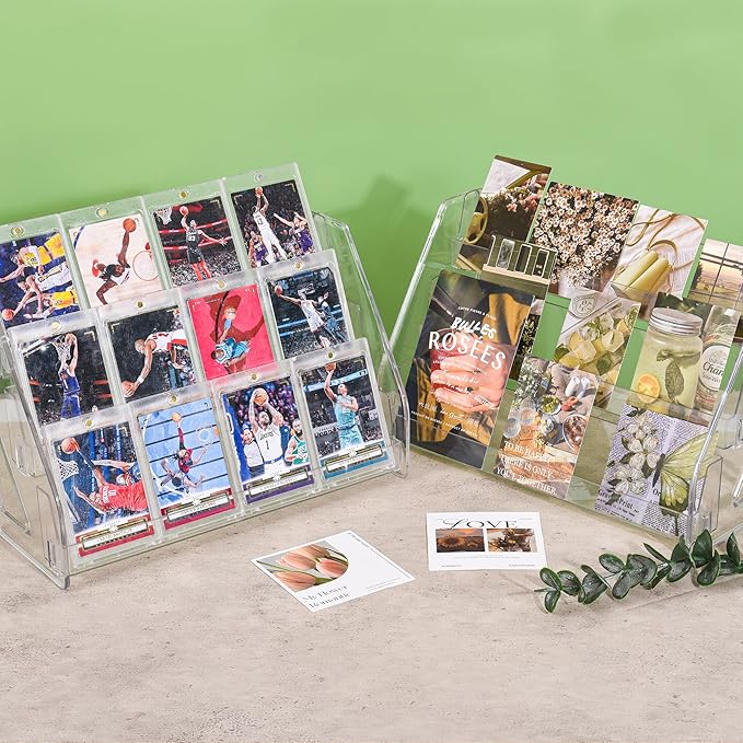 CELSOL 2 Pack Elevated 3 Tier Clear Acrylic Card Display Stand for Trading Cards, Sports Cards, Greeting Cards, Stickers – Slanted Holder for PSA Slabs, Vendors, Collectors & Retail (3 Tier 2 Pack)