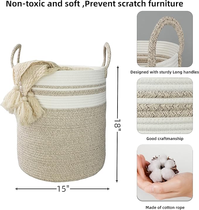 XUANGUO Cotton Rope Laundry Basket Hamper for Clothes Woven Storage Basket for Living Room Bedroom Boho Tall Rope Baskets for Blanket Toys Pillow Towels Baby Nursery Hamper Bin Large brown and white