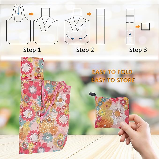 Cute Reusable Grocery Bags, 4 Pack (50Lbs Capacity) - Foldable & Washable Market Totes, Bulk Cloth Bags for Shopping, Travel, Storage, or as Reusable Gift Bags for Women
