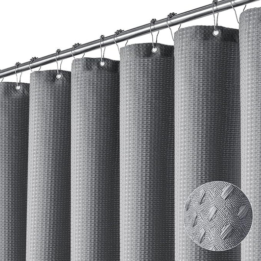 Dynamene Stall Fabric Shower Curtain - 60 x 84 inch Long Waffle Weave Weighted Thick Cloth Shower Curtain for Bathroom, Neutral Heavy Duty Hotel Spa Luxury Bath Curtain Set with 10 Hook, Grey/Gray
