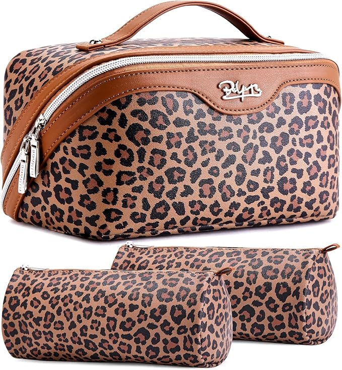 BOYATU Travel Makeup Bags Organizer for Women: 3 Pcs Set Leopard Cosmetic Bag - Large Make up Bag with Compartments - Flat Open Waterproof Leather Toiletry Bags for Skincare, Brushes & Travel - Brown