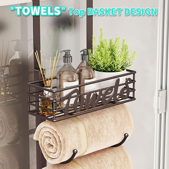 HapiRm Towel Racks for Bathroom Storage - 6 Tier Over The Door & Wall Mount Rolled Towel Storage Organizer Holder with Metal Shelf Basket for Small Bathroom, Camper, Rv - Bronze, Patented