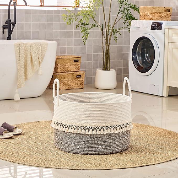 KAKAMAY Cotton Rope Storage Basket (20"x13"),Woven Hamper for Blankets,Toys,Pillows,Clothes,Laundry,Sturdy Handles Decorative Basket for Living Room, Bedroom,Nursery(Beige Fringe)