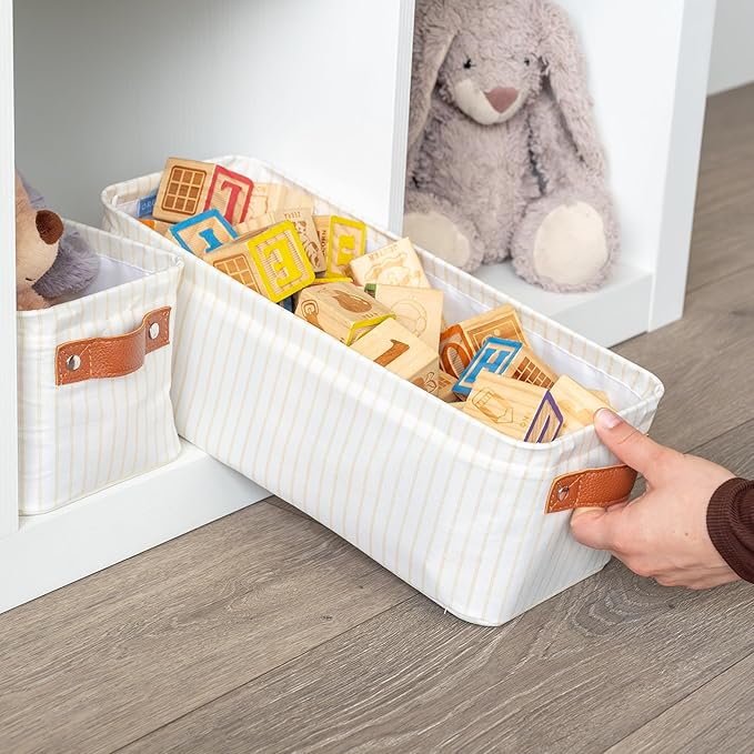 OrganiHaus Narrow Fabric Storage Baskets 2 Pack, Narrow Storage Bins for Shelves, Closet Storage Bins for Pantry Entryway Bathroom, Cloth Canvas Basket, White/Brown